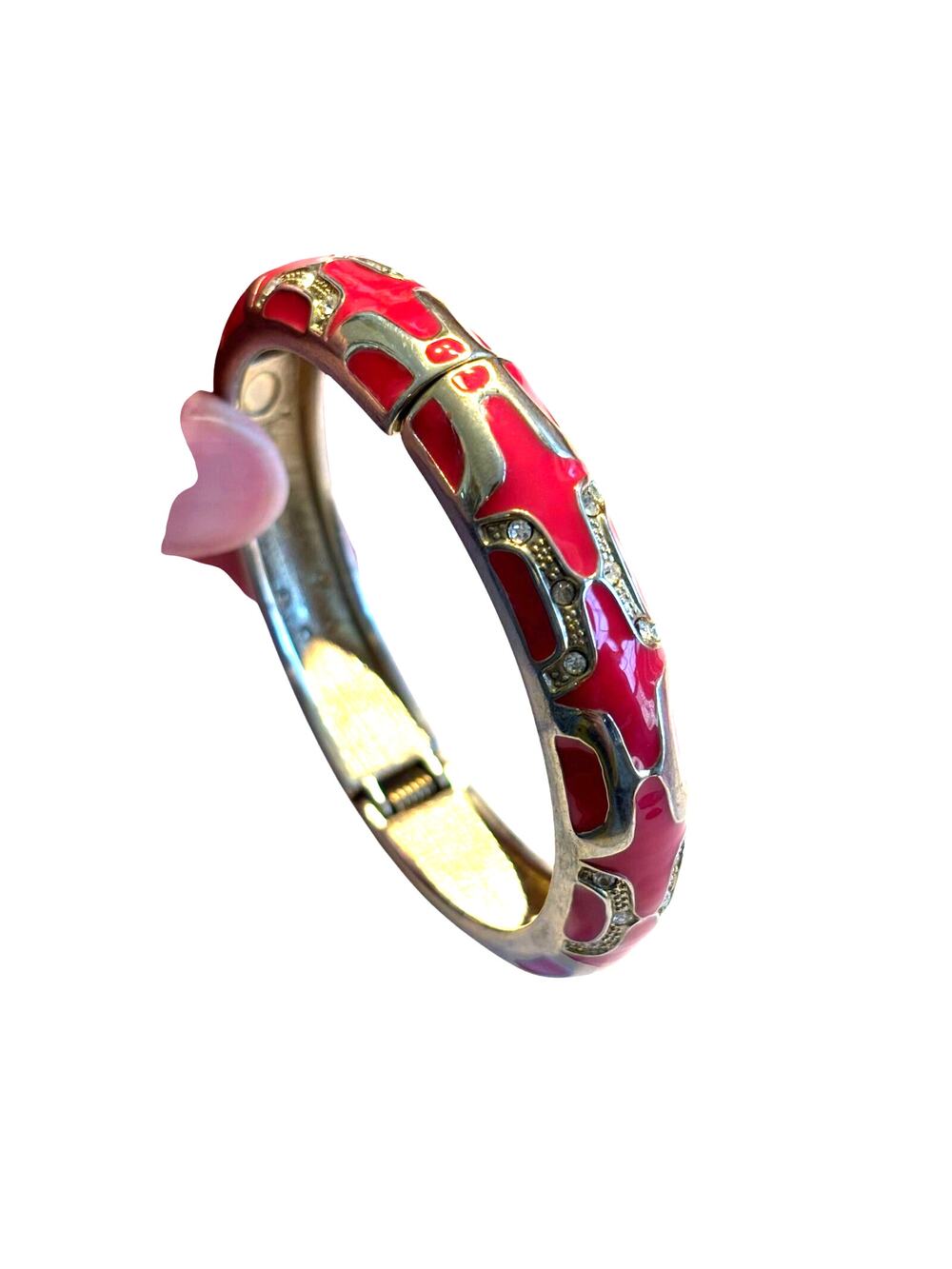 Clamper bracelet goldtone & pink with white rhinestone details hinged bangle